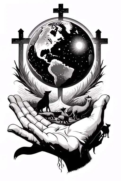 gods hand reaching down touching earth globe with eclipse and animals underneath and a cross tattoo design idea