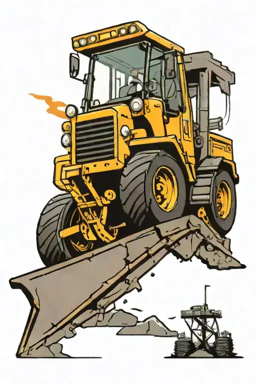 A black-grey tattoo of a heavy equipment vehicle working on a road sign maintenance project at sunset tattoo design idea