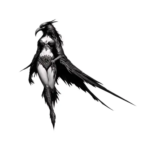 The Morrigan, Goddess of Death with a large crow behind her tattoo design idea