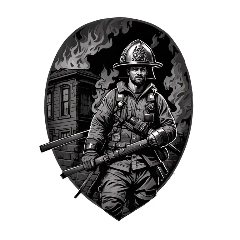 St Florian firefighter with burning house tattoo design idea
