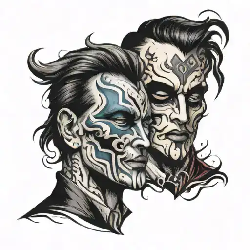 2 faced man moving the mask   tattoo design idea