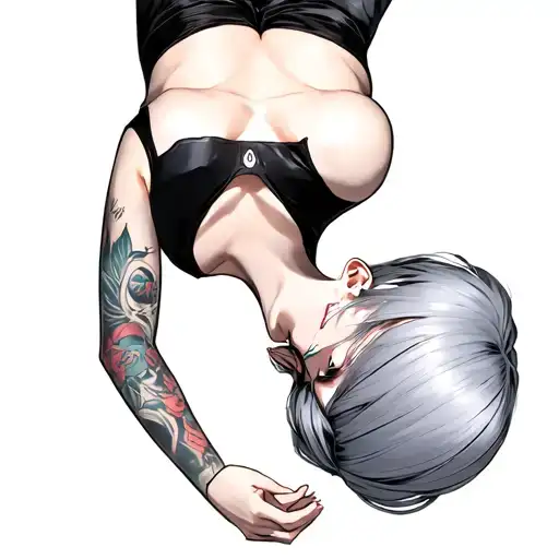 Female character inspired by Rei Ayanami from the anime Neon Genesis Evangelion. She is depicted upside down, with a bla tattoo design idea