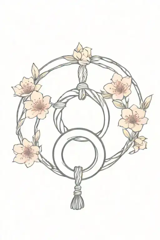 omamori rope, ring, cherry blossom around tattoo design idea