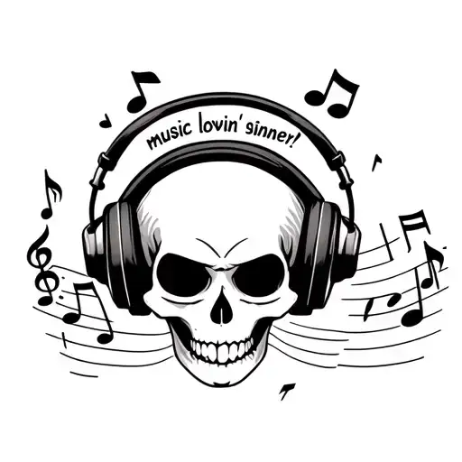 "music lovin' sinner!" Girly Skull wearing headphones surrounding music notes tattoo design idea