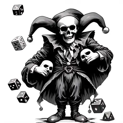 Skull Faced Jester Standing On Dice And Juggling Masks. tattoo design idea