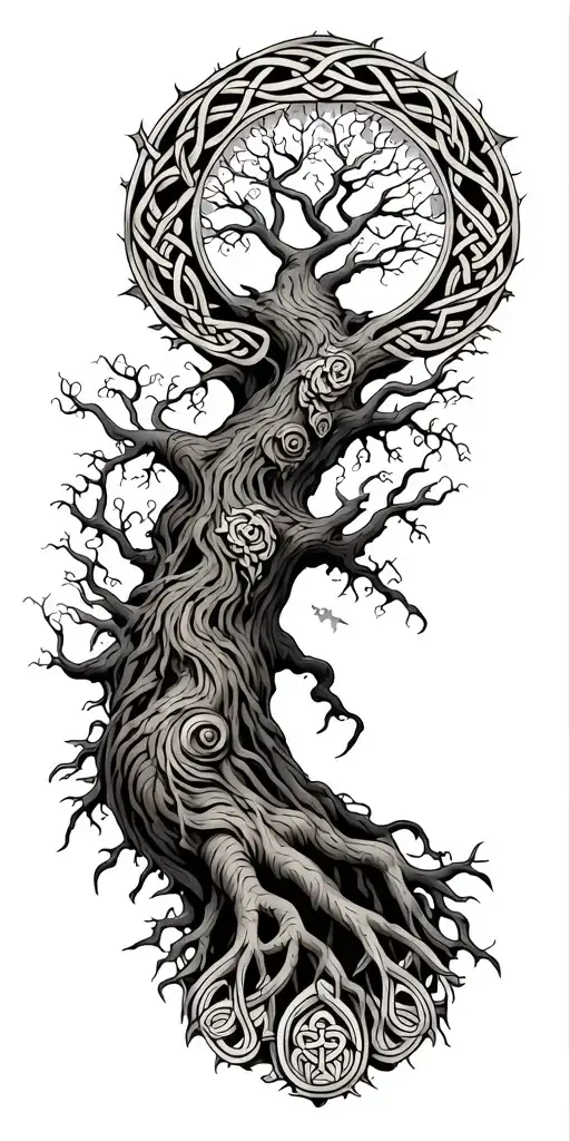 Celtic tree of life large canopy with deep vining roots transitioning into Celtic tribal tattoo design idea