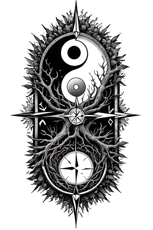 Tree of life and yin yang symbols combined, surrounded by nordic compass  tattoo design idea