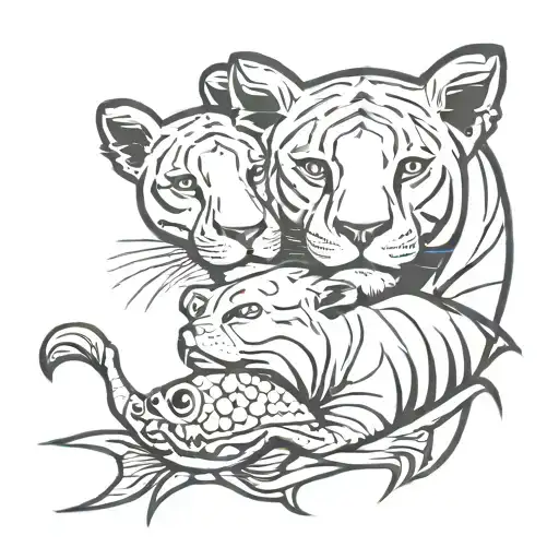 fish,crab,young lioness embracing a cross tattoo design idea