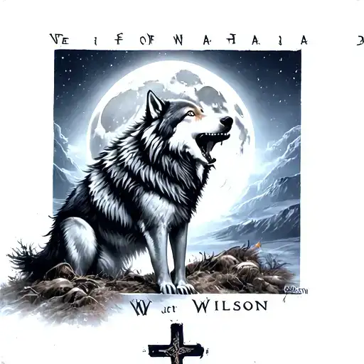 wolf howling at moon with a cross in the ground and the name wilson at the bottom tattoo design idea