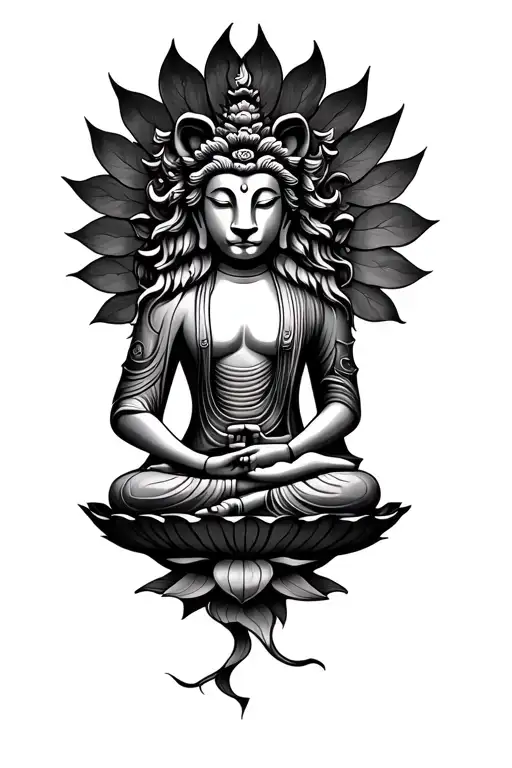 lion budha sitting in a lotus tattoo design idea