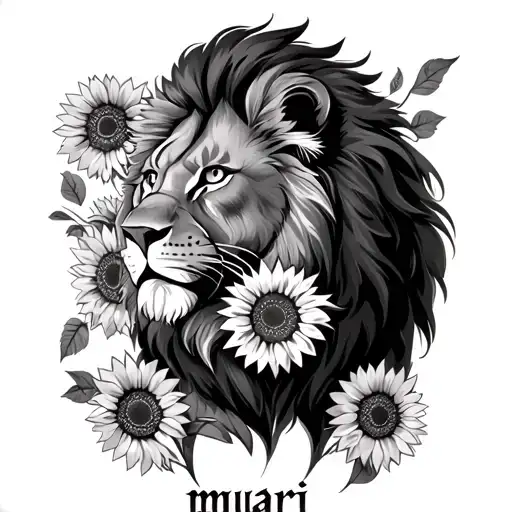 lion with the name myari with sunflowers a shoulder tattoo going into sleeve tattoo design idea