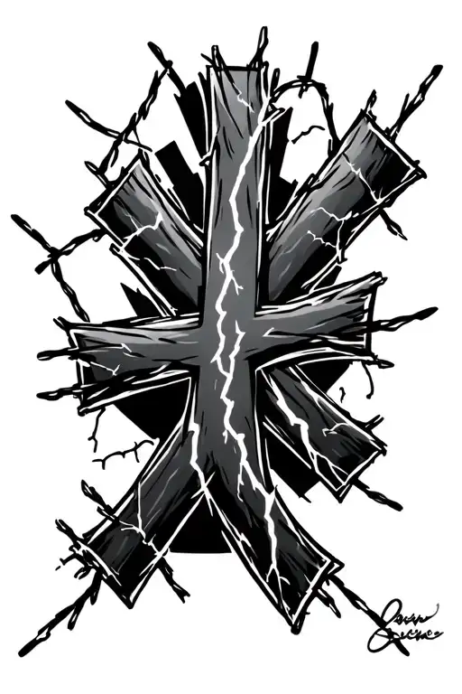 barb wire cross with lightning striking tattoo design idea