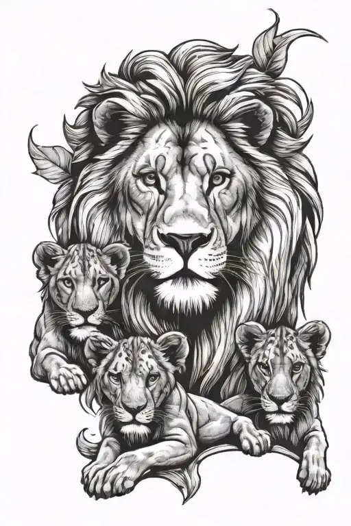 Lion mother with 3 kids easy outlines  tattoo design idea