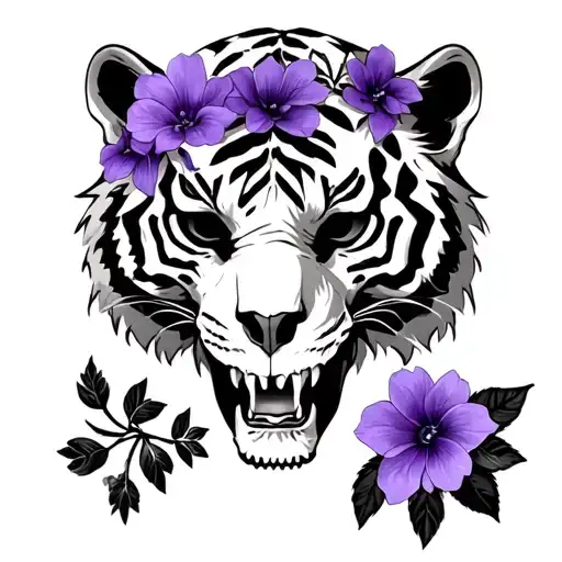 realistic tiger skull with black and purple flowers  tattoo design idea