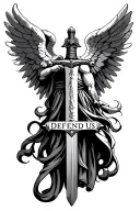 "Defend Us" St. Michael the Archangel sword with wings behind it tattoo design idea