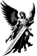 "Defend Us" St. Michael the Archangel sword with wings behind it tattoo design idea