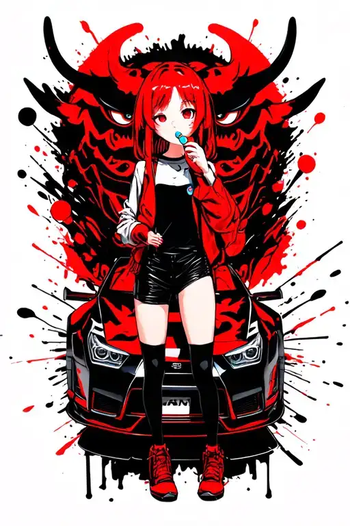 Anime girl sucking lollipop standing next to Nissan GT-R widebody with a Japanese Oni Mask behind it in the background  tattoo design idea
