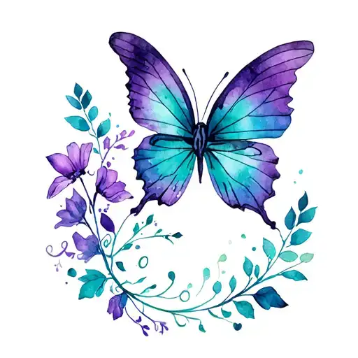 butterfly that purple and teal ombre from top to bottom, with vines and flowers tattoo design idea