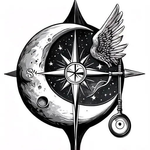 arrow with compass, moon, stethoscope  tattoo design idea