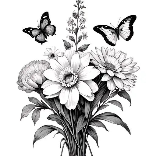 4 delicately drawn butterflies in a bouquet with a daffodil, carnation, larkspur, and chrysanthemum all in black and whi tattoo design idea