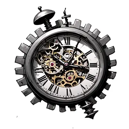 A broken clock with interior gears and only screw the right side with Roman digits tattoo design idea