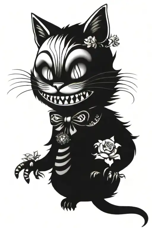 cheshire cat, Flowers, drugs as alice in the wonderland  tattoo design idea