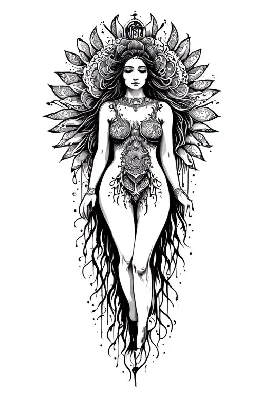 a stylized representation of a female figure or entity, refers to spiritual themes using the psychedelic theme tattoo design idea