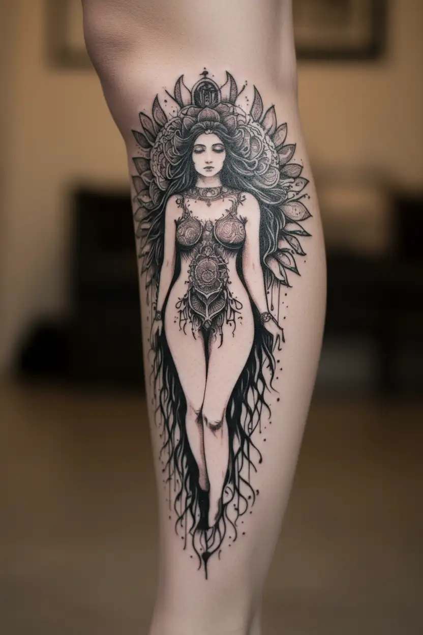 a stylized representation of a female figure or entity, refers to spiritual themes using the psychedelic theme tattoo design idea