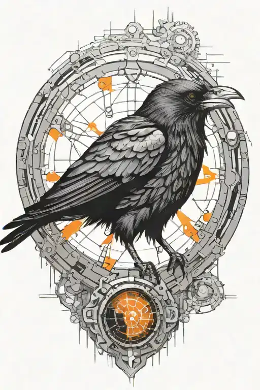 cyberpunk synthetic raven with orange robotic eyes inside cyber circle and microschemes high quality tattoo design idea