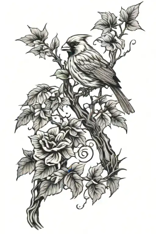 cardinal perched on a thorn vine while it's thunder storming tattoo design idea