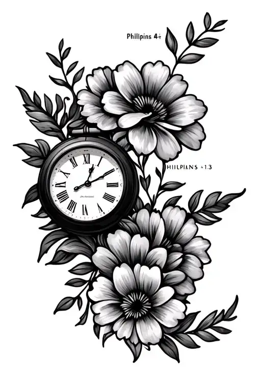 flowers , clock , bible verse Philippians 4:13 tattoo design idea