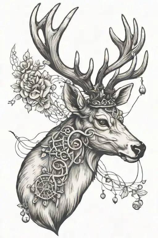 deer head with fishing wire in antlers intertwined tattoo design idea