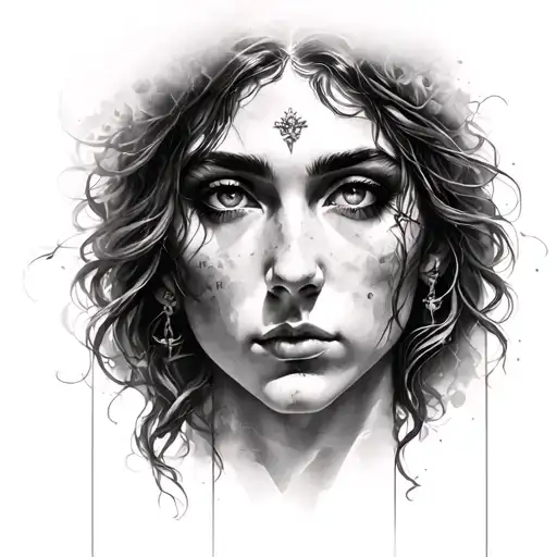 a realistic face and God above her looking at him tattoo design idea