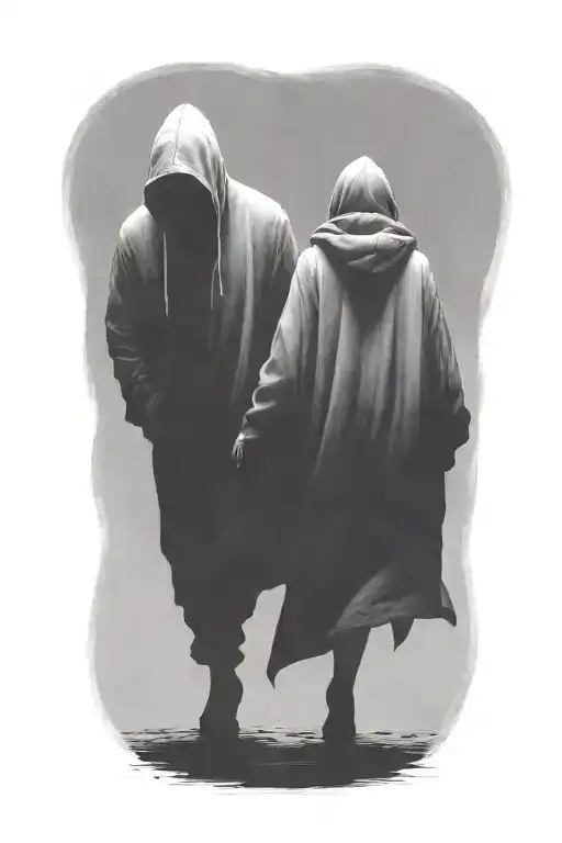 a woman and a huge hooded beast walking away together tattoo design idea