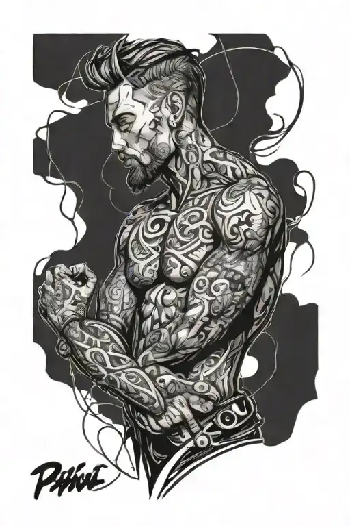 abdominal tattoo on male. pain relief work dedication focus tattoo design idea