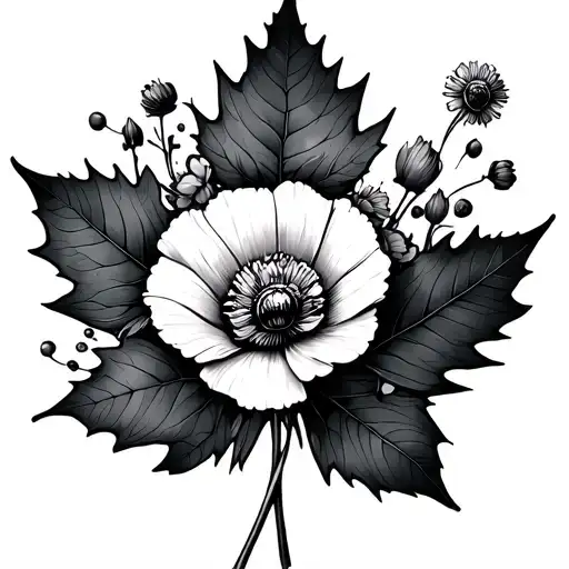 maple leaf, poppy flower, marigold flower bouquet tattoo design idea