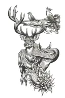 buck and doe surrounded by cactus paddles. cardinals on the buck's antlers tattoo design idea