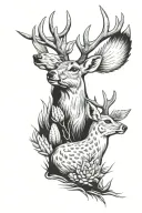 buck and doe surrounded by cactus paddles. cardinals on the buck's antlers tattoo design idea