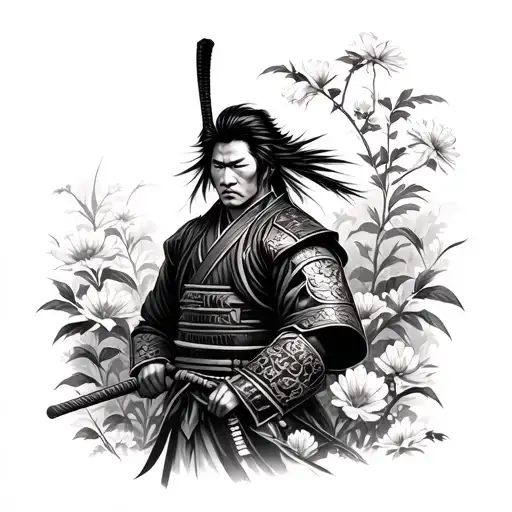 miyamoto musashi: Caucasian samurai warrior in a flower garden tattoo design idea