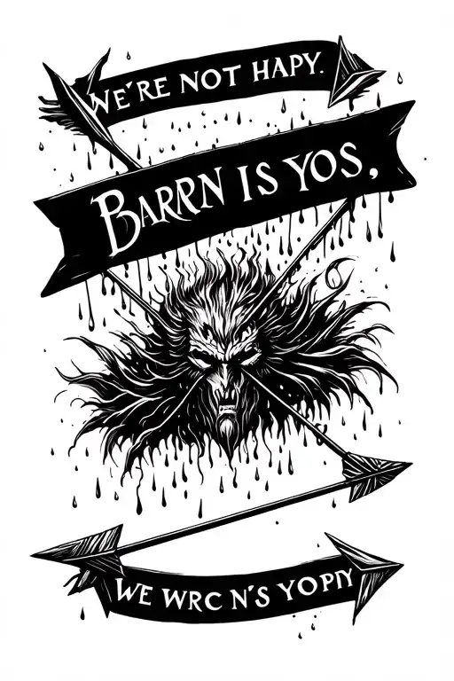 "We're not happy. Baran is yos." Bow war arrow and English text with rain head tattoo design idea