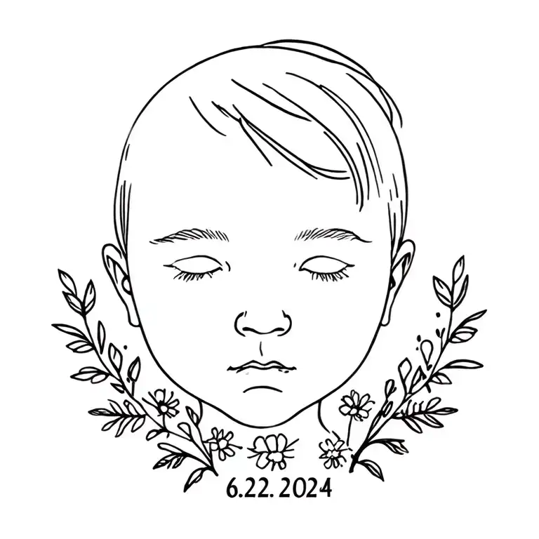 baby face silhouette surrounded by wildflowers with date 6.22.2024 tattoo design idea