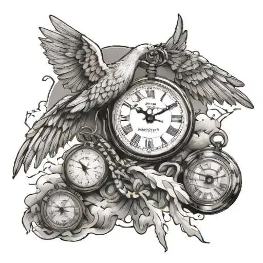 Icarus falling, prayer hands holding beads, old time pocket watch with the time at 10:06, doves, clouds, lightning tattoo design idea