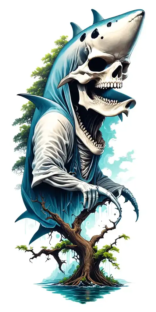 skull grim reaper minotor shark trees  tattoo design idea