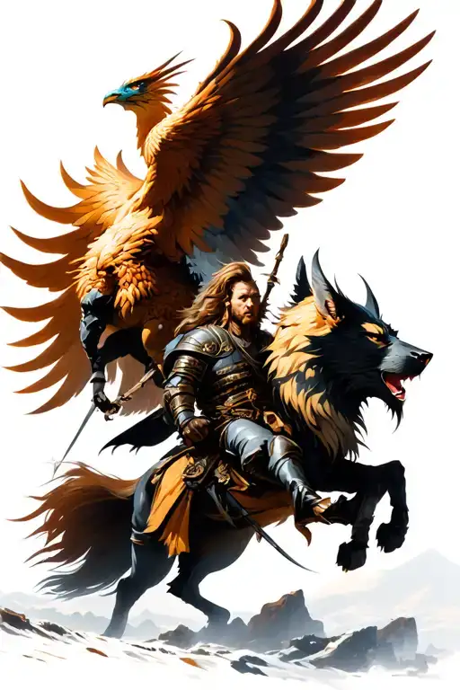 Ivar the desired (exact face of Alexender actor) looks at warrior riding fenrir with Phoenix who flights above tattoo design idea