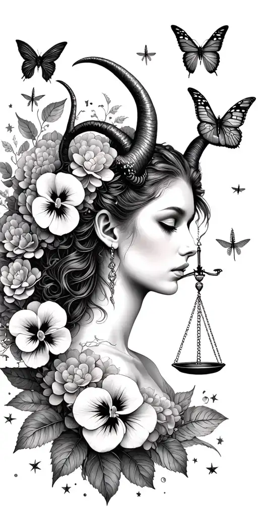 Capricorn woman with horns, LIBRA SCALES, pansy flower, butterfly, dragon flies, large beetle, hydrangea petals, stars tattoo design idea