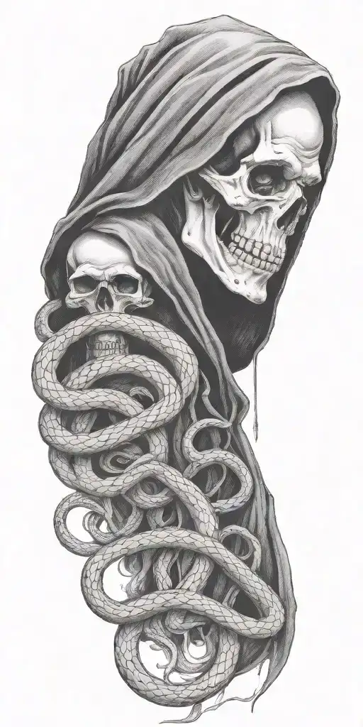 scary grim reaper with snakes biting head tattoo design idea