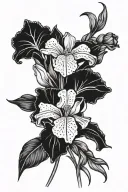 A single Iris, poppy, gladiolus, delphinium, narcissus, and carnation long stem bouquet tied together with a small bow tattoo design idea