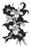 A single Iris, poppy, gladiolus, delphinium, narcissus, and carnation long stem bouquet tied together with a small bow tattoo design idea