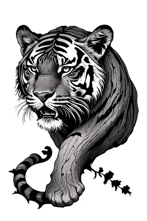 full body Side facing tiger made of tree bark tattoo design idea