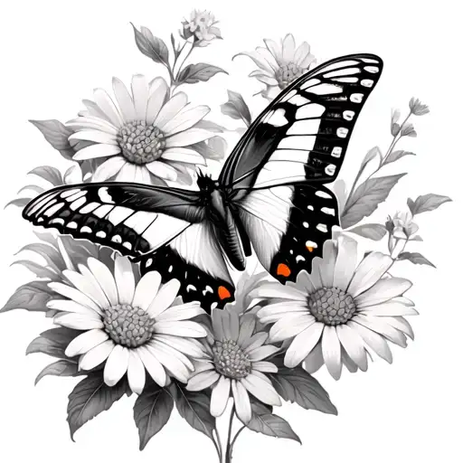 tiger swallowtail Butterfly daisys and canella flowers tattoo design idea